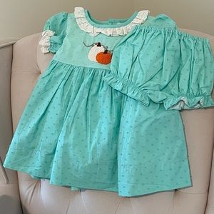 Smocked Sweets Swiss Dot Pumpkin Dress with matching Bloomers size 2T